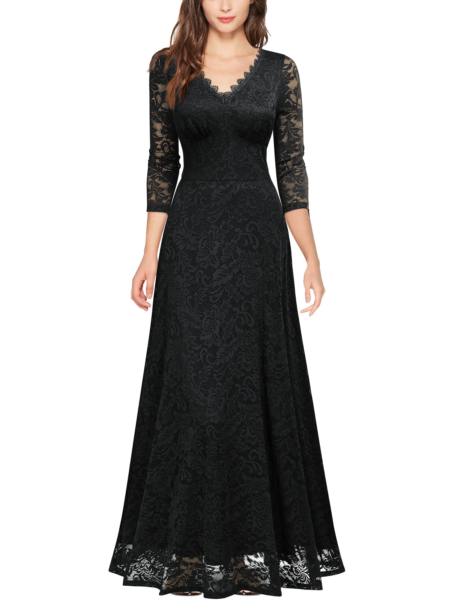 Vestido de noche formal con escote en V, encaje, mangas 2/3, vestidos de fiesta